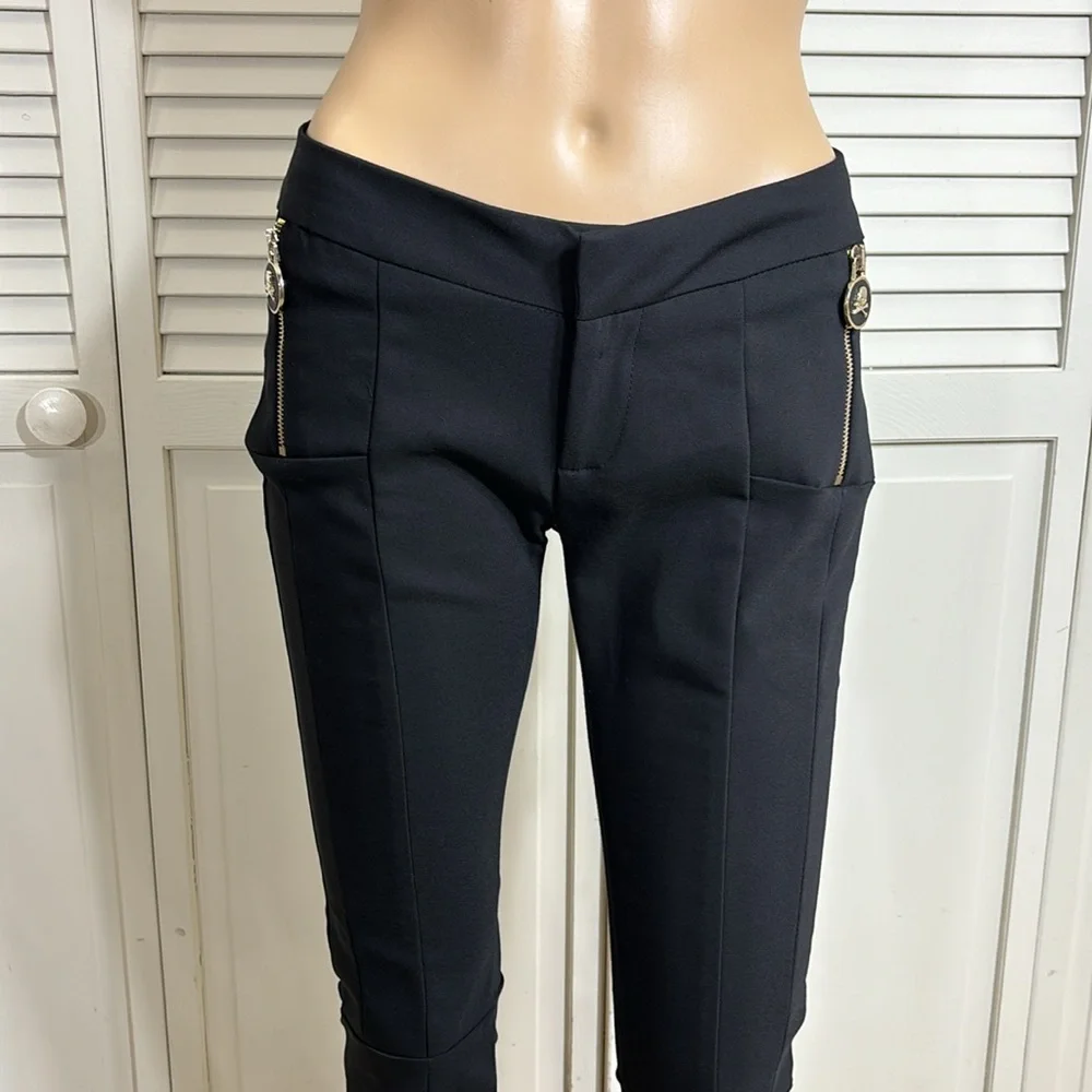 Philipp Plein Stretch Skinny Low Rise Pants with Skull Zip Details Size 29